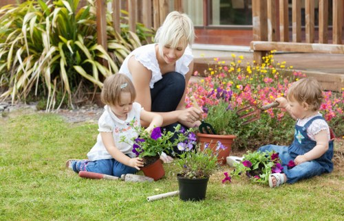 Lush green garden with various plant species