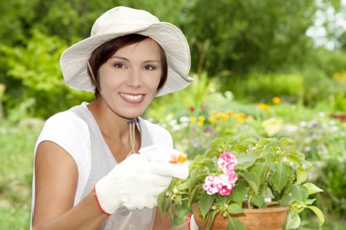 Professional landscapers assessing a garden space for planning