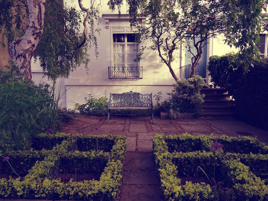 A small UK backyard garden with a paved patio area bordered by neatly trimmed hedges and a low brick border. In the center, there is an ornate metal garden bench situated against the white exterior wa